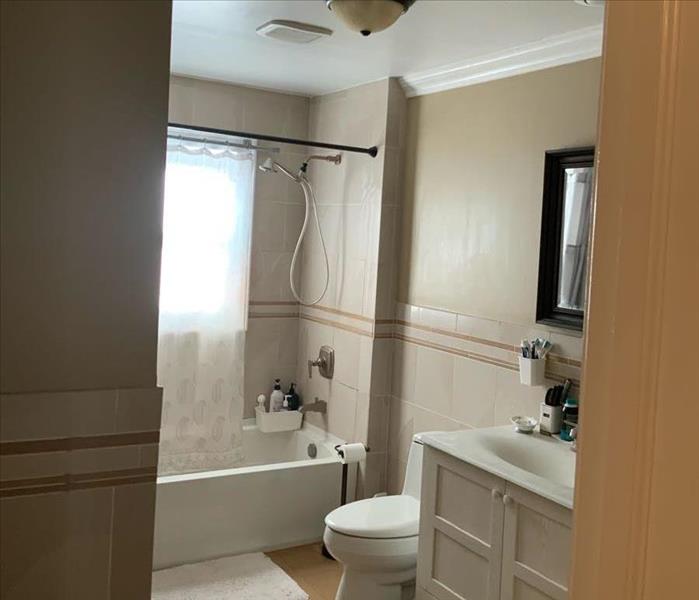 Bathroom with white toilet and tub with light brown rugs