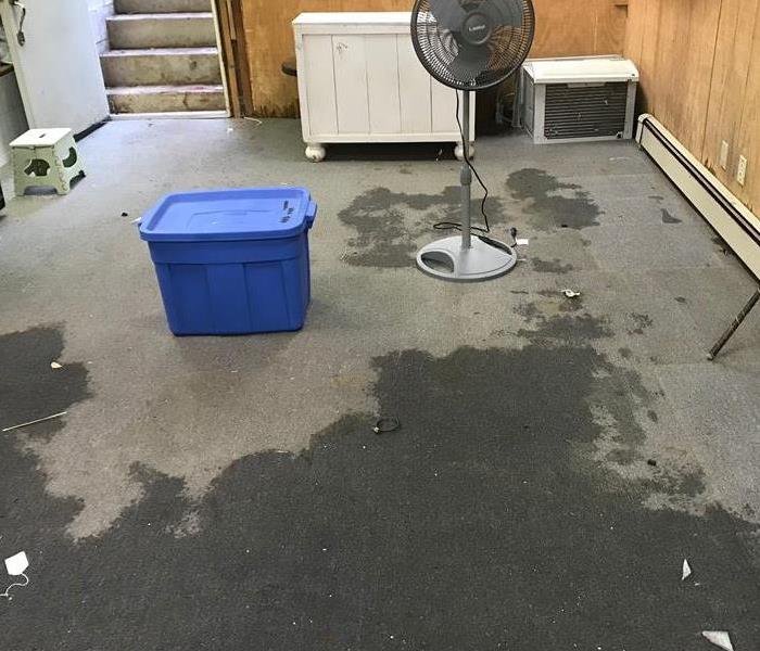 A room with wet carpet and a fan and some other items on the floor.