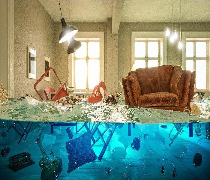 iving room flooded with floating chair